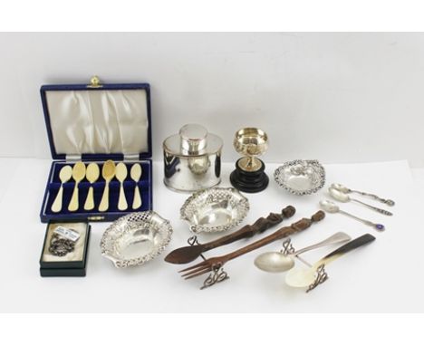 A LATE VICTORIAN SILVER PIN DISH, Birmingham 1896, together with a pair of silver pin dishes, a pair of silver knife rests, a