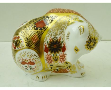 A ROYAL CROWN DERBY BONE CHINA PAPERWEIGHT, "Rocky Mountain Bear", decorated and gilded in the Imari palette, with gold butto