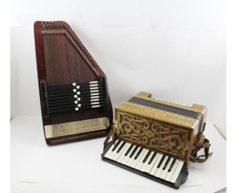 A "HOHNER" ACCORDION, with pen work effect decoration, 15 white keys, 10 black and three rows of 24 buttons, with leather str