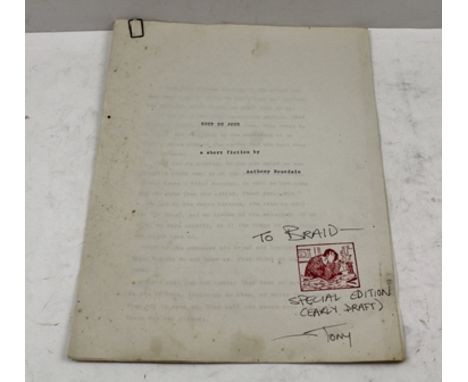 ANTHONY BOURDAIN A BELIEVED UNPUBLISHED HAND TYPED SHORT FICTION titled "Soup du Jour" comprising four pages of prose based a