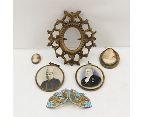 A PAIR OF 19TH CENTURY MINIATURE PORTRAIT PAINTINGS, one a gentleman wearing a medal, 7.5cm x 6cm, framed, together with an A