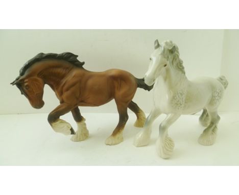 TWO BESWICK CERAMIC EQUESTRIAN FIGURES; Grey Shire horse (gloss) and a Bay Shire horse (matt) (2) 