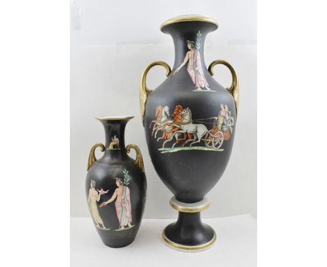 A VICTORIAN CLASSICAL DESIGN CERAMIC VASE, fitted two handles, black ground with hand coloured chariot and other classical fi