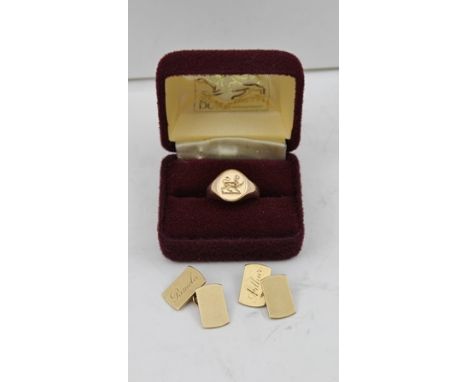 A PAIR OF 9CT GOLD CUFFLINKS of chain link design, engine turned to one part and inscribed on the other, 8.2g, together with 