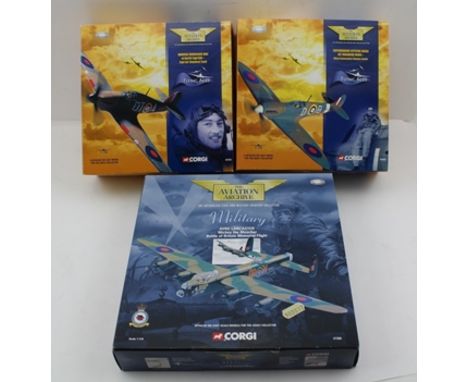 THREE AVIATION DIECAST MODELS, 1:72 scale Corgi 49002 Spitfire limited edition Douglas Bader, 1:72 scale Corgi 49102 Hurrican