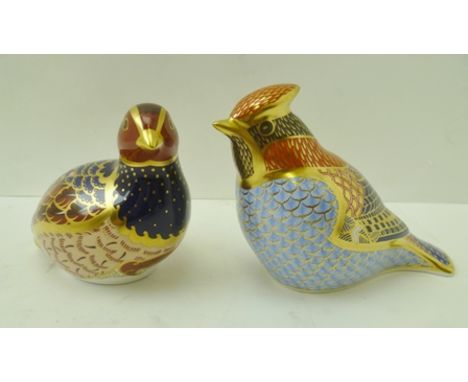 TWO ROYAL CROWN DERBY BONE CHINA PAPERWEIGHTS, "Waxwing", 9cm high and "Partridge", 8cm high, limited edition no.2449/4500 wi