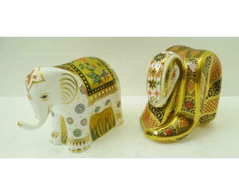 TWO ROYAL CROWN DERBY BONE CHINA PAPERWEIGHTS, "Young Indian Elephant", Signature edition of 1250, 8cm high and "Cobra" 8cm h