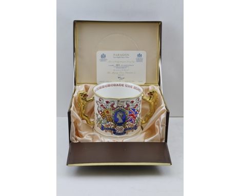 A PARAGON BONE CHINA TWO-HANDLED COMMEMORATIVE TANKARD Queen Elizabeth II Silver Jubilee 1977, limited edition no.115 of 750,