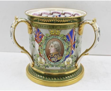 A COPELAND NELSON CENTENARY COMMEMORATIVE PORCELAIN TYG, the hand coloured decoration includes a Nelson portrait, Britannia a