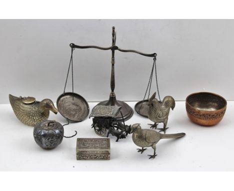 A SELECTION OF COLLECTABLE ITEMS comprising; a Mexican Sterling beam balance scale, the central support on circular platform 