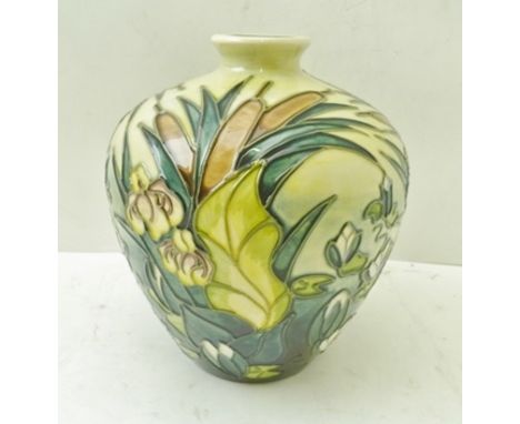 A MOORCROFT POTTERY VASE "Lamia" pattern, tube lined and painted bulrushes and lilies decoration, by Rachel Bishop, various i