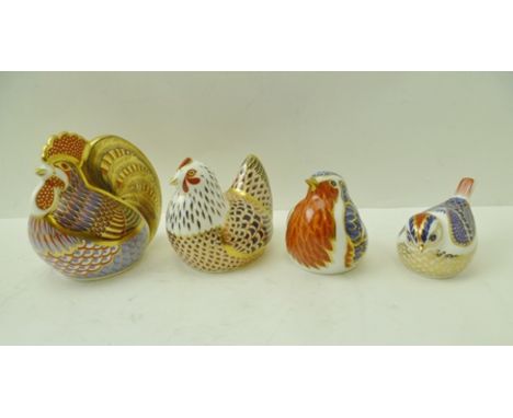 THREE ROYAL CROWN DERBY BONE CHINA PAPERWEIGHTS, "Cockerel", "Goldcrest", and "Chicken", each decorated and gilded in the Ima