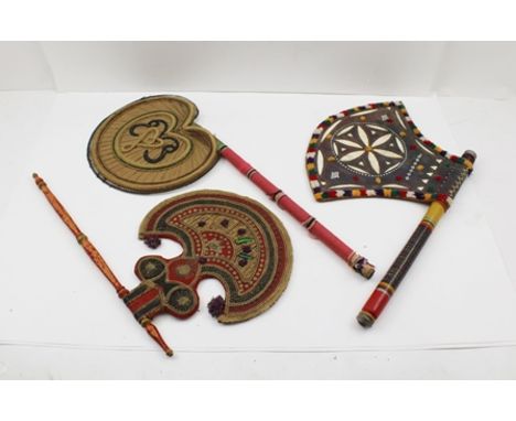 THREE AXE HEAD FANS FROM HIMACHAL PRADESH, one with a leather blade, one with woven reed, and one richly embroidered fabric, 