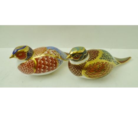 TWO ROYAL CROWN DERBY BONE CHINA PAPERWEIGHTS, "Pheasant", 7cm high and "Woodland Pheasant", 7cm high, each decorated and gil