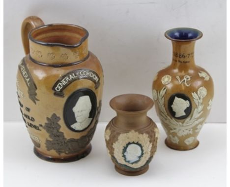 A DOULTON LAMBETH STONEWARE JUG, commemorating "General Gordon", decorated with a cameo portrait, various inscriptions includ