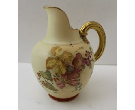 A ROYAL WORCESTER PORCELAIN JUG, blush ivory ground with gilded and painted floral decoration, code for 1895, pattern no.1094