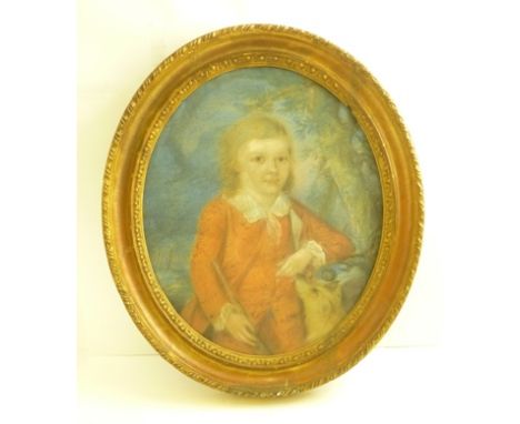 19TH CENTURY BRITISH SCHOOL Portrait of a boy in a red suit, dog in attendance, Pastel drawing, 44cm x 36cm, in oval gilt fra