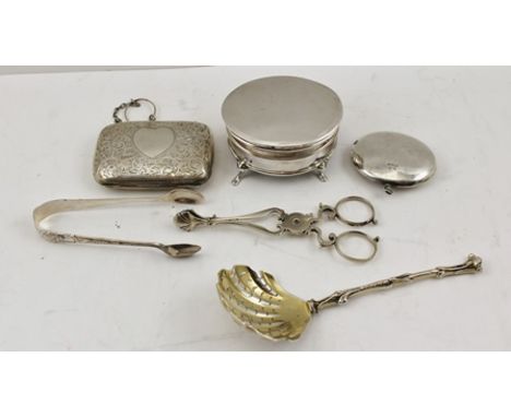 A SELECTION OF SILVER ITEMS comprising; a late Victorian silver gilt sugar sifting spoon, with scallop bowl and cast handle, 