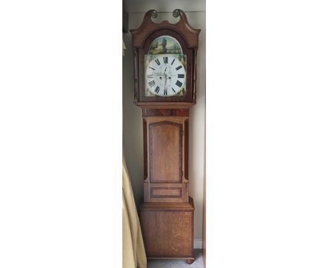 A 19TH CENTURY LONGCASE CLOCK by William Tritschler of Carlisle, having mahogany crossbanded oak case, the hood with swan nec