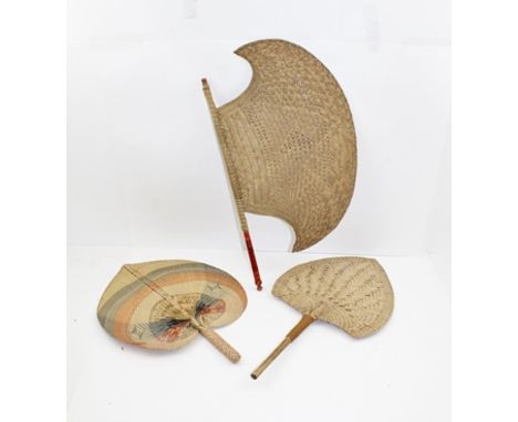 THREE INDIAN WOVEN STRAW FANS, one with axe shaped blade, the other two of leaf form (3) 