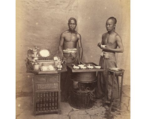 * China. A group of three albumen print photographs of street traders taken from an album dated 1857, showing a fortune telle