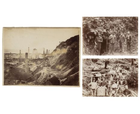 * New Zealand. A pair of group portrait photographs of miners posing near mine entrances, 1890s, albumen prints, 10.5 x 14.5 