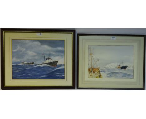 Hull Trawler 'Kingston Jade H149' in heavy seas, watercolour signed by Bill Wedgwood 25cm x 35cm, and a similar oil on board 