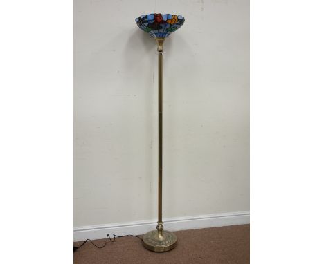 Burnished metal standard lamp with Tiffany style shade, H176cm Condition Report Click here for further images, condition, auc