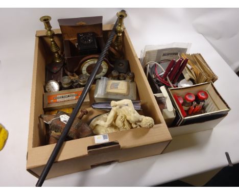 Old cameras, pair of brass candle sticks, early 20th Century carved ebony African stick, 19th Century powder horn, collection