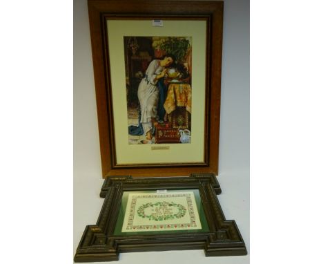 'Isabella and the Pot of Basil', colour print after William Holman Hunt 42cm x 26cm and a needlework tapestry (2) Condition R