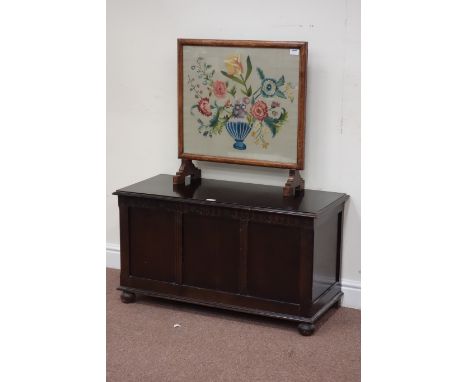 Mid 20th century oak blanket box and firescreen with needle work panel  Condition Report Click here for further images, condi