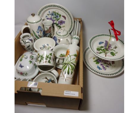 Portmeirion 'The Botanic Garden' ceramics including a tea and coffee pot, rolling pin, butter dish, two tire cake stand and o