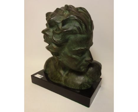 20th Century Art Deco style bronze bust of French aviator John Mermoz on black marble base, indistinctly signed and numbered 