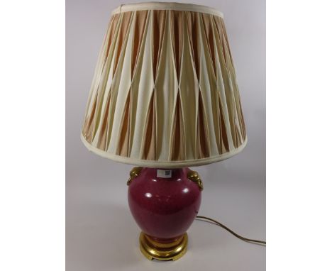 Porcelain table lamp with gilt and moulded lion decoration, H33cm not including fitting (This item is PAT tested - 5 day warr