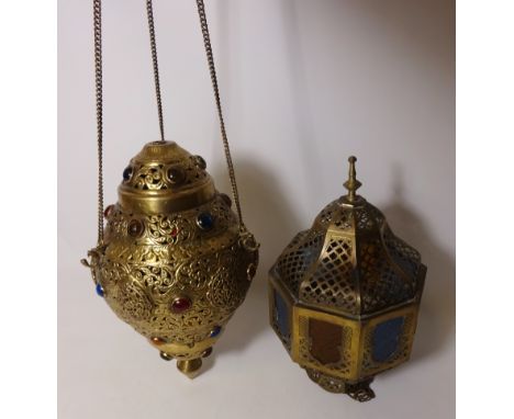 Two Moroccan style bronze hanging lanterns  Condition Report Click here for further images, condition, auction times & delive
