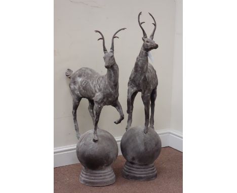 Pair cast metal garden stags on spherical mounts, figures/gate post finials, H91cm Condition Report Click here for further im