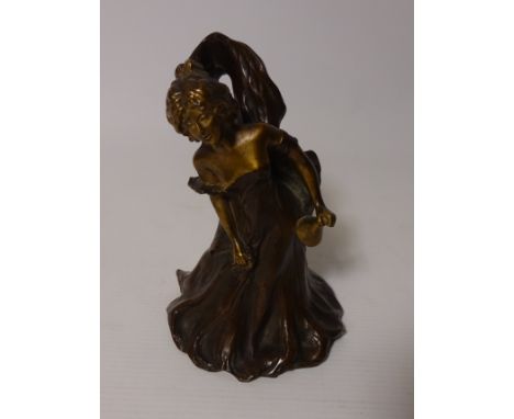 Bronze handbell modelled as an Art Nouveau lady holding a bell signed, B. Girardet, H14.5cm  Condition Report Click here for 