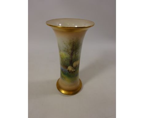 Royal Worcester flared vase painted with sheep grazing in a landscape. By H Davis. H. 19.5cms   Condition Report Click here f