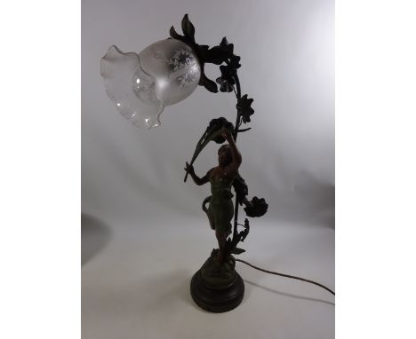 Wrought metal figural table lamp titled 'Naiade, Par Kossowski' with glass shade, H62cm  Condition Report Click here for furt