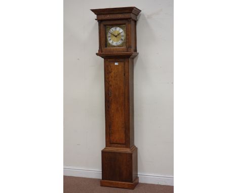 Georgian style oak  longcase clock, the projected moulded cornice over brass face applied spandrels, brush metal chapter ring