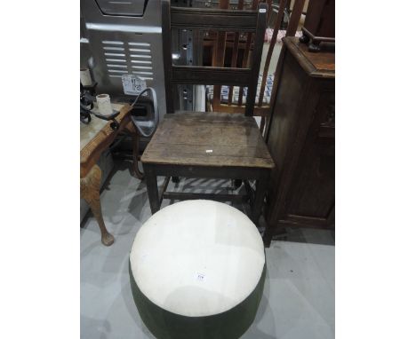 A vintage pouffe and an early 19th century oak vernacular chair