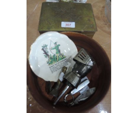 A miscellaneous selection including a vintage tin, Kingsway-A cigarette lighter, turned bowl etc