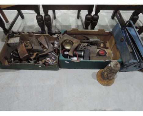 A selection of tools including boxed wood plane, boxed plane, tool box and contents