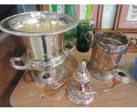 A selection of plated ware including a wine bucket, candelabrum etc