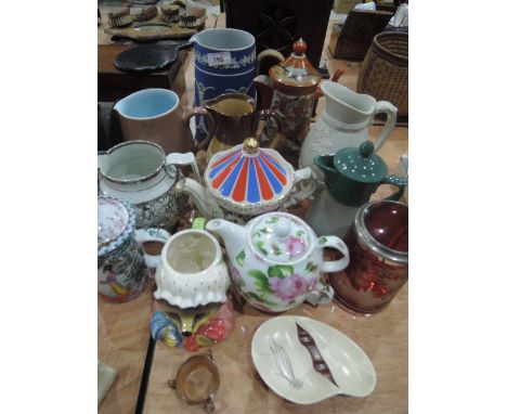 A selection of ceramic jugs and tea pots including Jasperware, Enesco and Carlton Ware pin dish