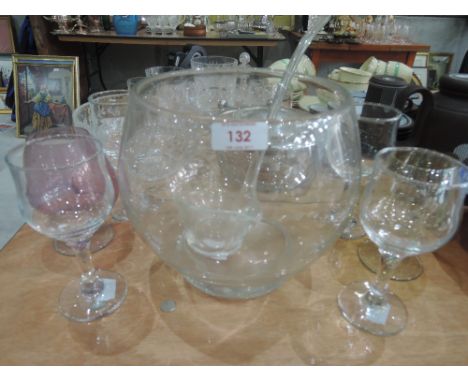 A selection of glassware including wine glasses and punchbowl etc