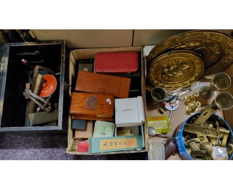 Brass door handles, goblets;&nbsp; &nbsp;flatware;&nbsp; jewellery and watch boxes;&nbsp; tools;&nbsp; a brass seven-branch c