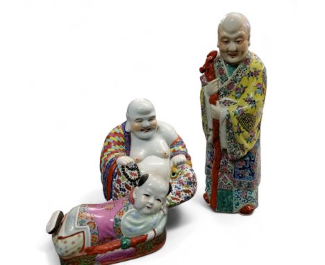 A Chinese Republic period polychrome seated figure of Buddha, 27cm high, seal mark;&nbsp; a similar elder, 43cm high, seal ma