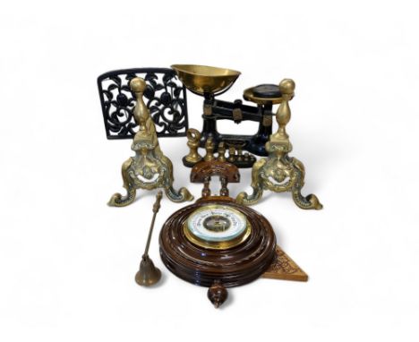 A pair of brass andirons;&nbsp; a wall barometer;&nbsp; a set of Thornton and Co Viking scales and weights;&nbsp; etc 