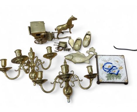 A pair of brass three light wall lights, 24cm high;&nbsp; other brass ware;&nbsp; &nbsp;a plated teapot stand 
